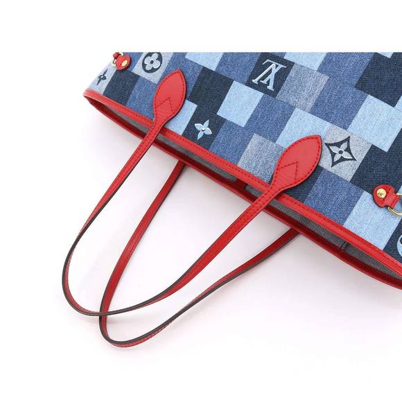 Louis Vuitton Denim Monogram Neverfull MM Tote Bag Blue Red - Picture 5 of 6
